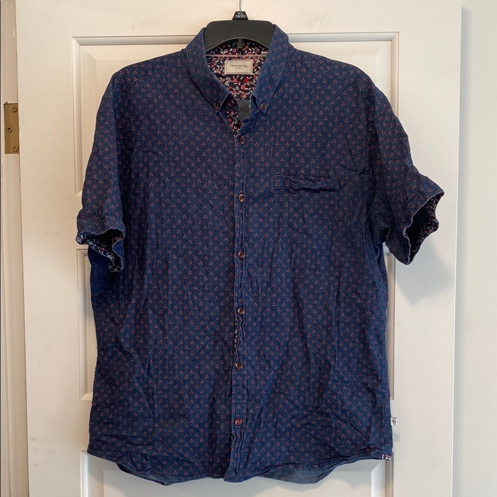 Navy Blue button down shirt with red dots